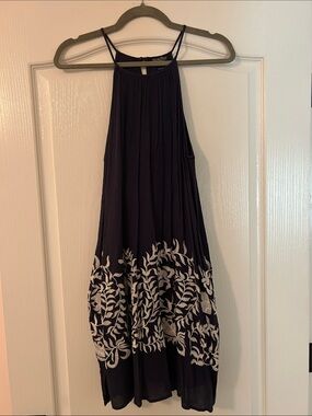 Lucky Brand Navy Midi Dress with White Embroidered Hem